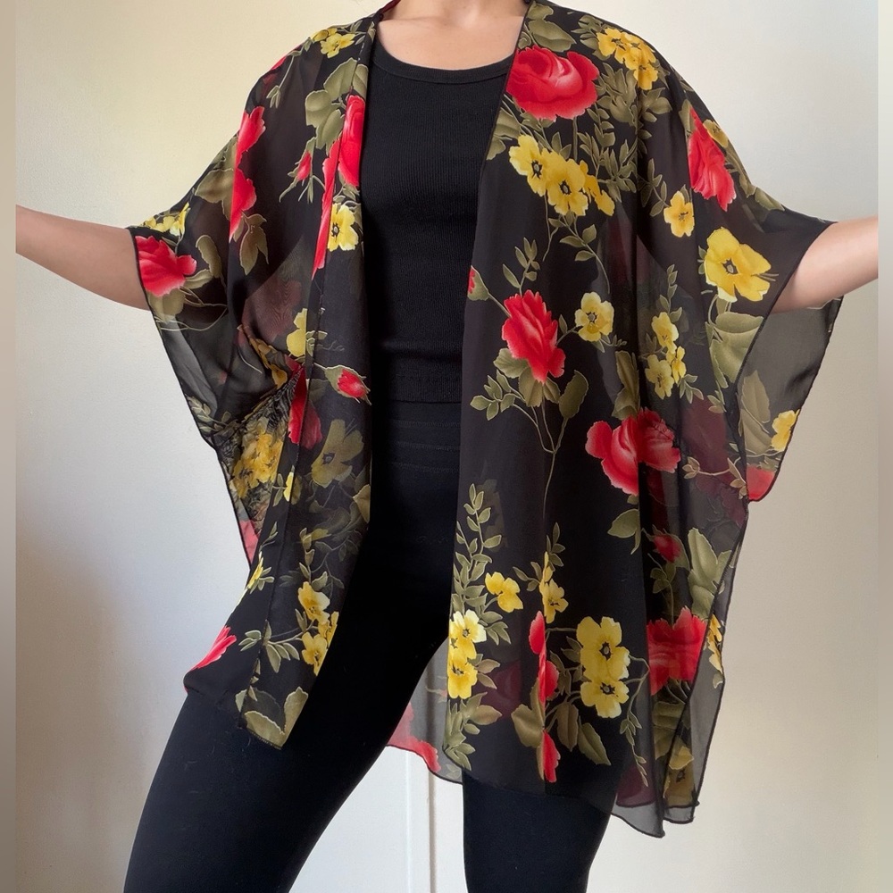 Floral Sheer Kimono Shrug - Black with Red & Yellow Flowers